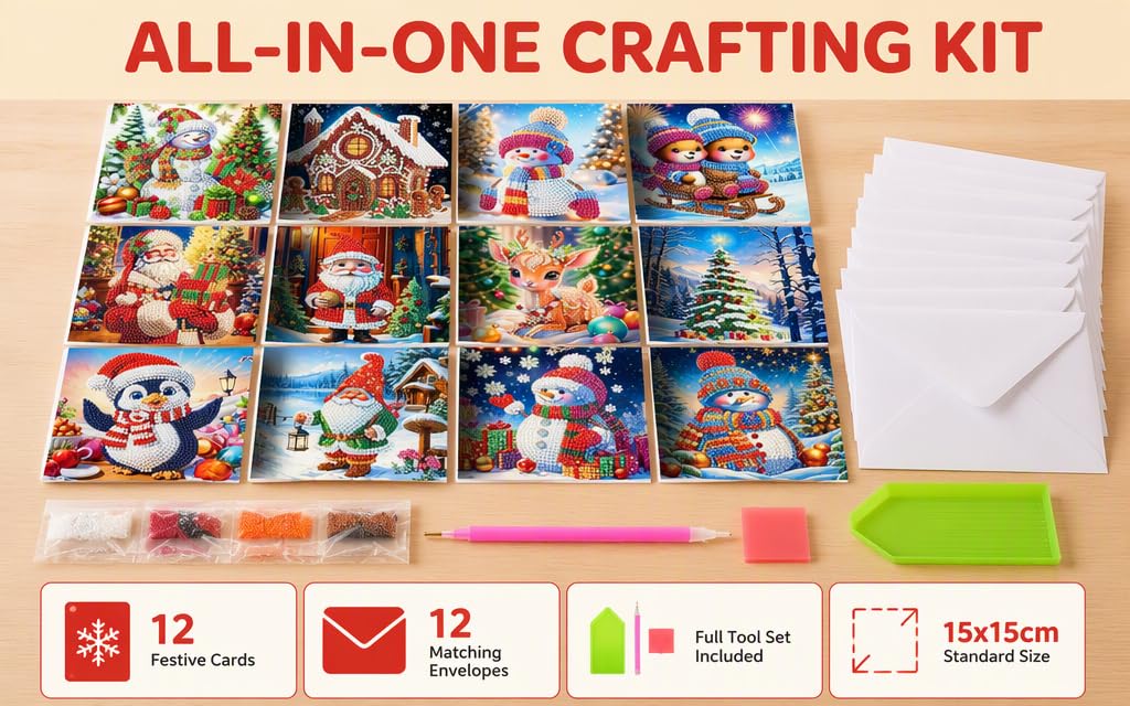 Text reads 'ALL-IN-ONE CRAFTING KIT' with icons showing '12', '12', and '145mm'. Display of colorful craft supplies, paint palettes, miniature scene cards, and crafting materials.