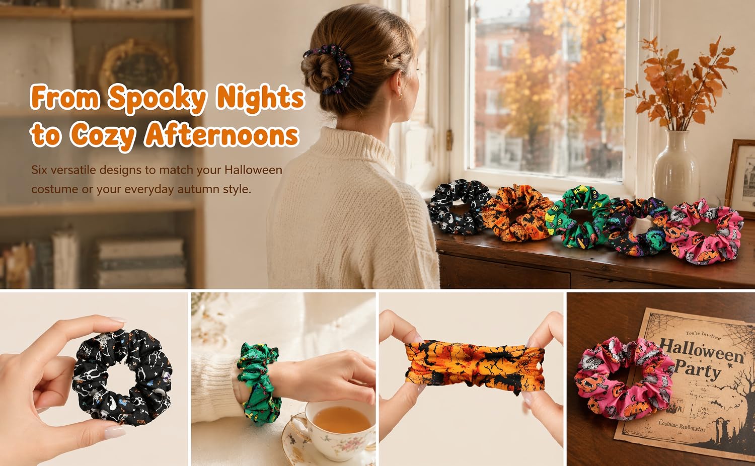 Text reads "From Spooky Nights to Cozy Afternoons." Collage showing seasonal home décor: autumn wreaths, garland swags, decorative cushions, and ornamental items in Halloween and fall-themed patterns.
