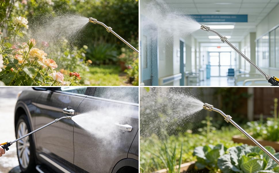 Collage of lifestyle photos showing water spray, plants, and household cleaning or maintenance activities in natural lighting.