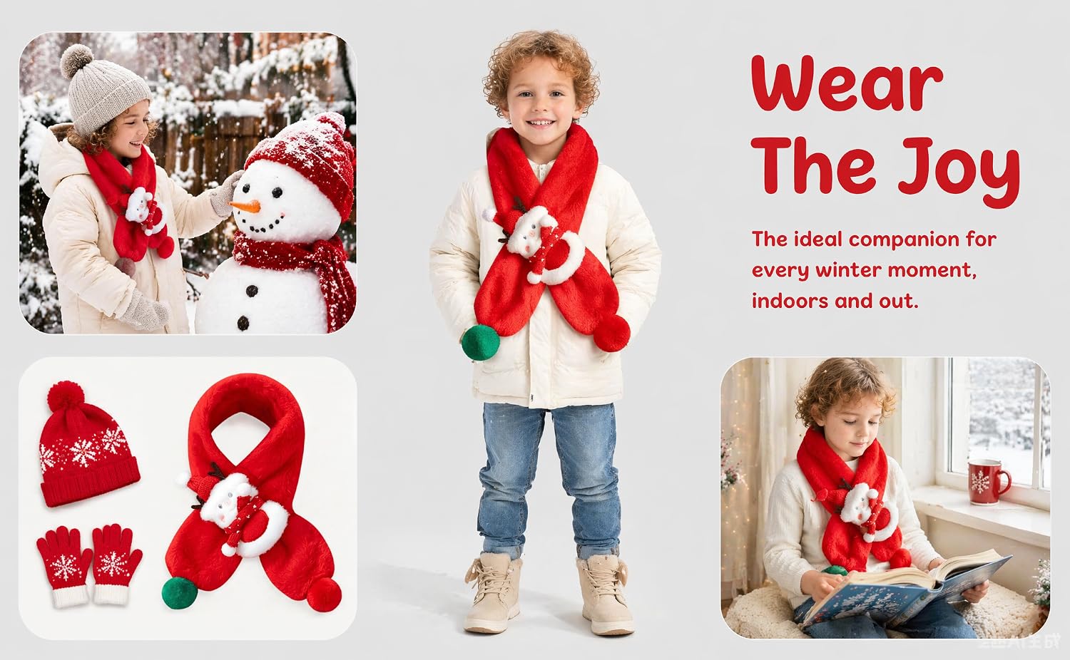 Text reads 'Wear for You' and 'The ideal companion for every winter outfit - colours and cut'. Red Christmas-themed children's clothing including vest and scarf shown on child model and flat lay.