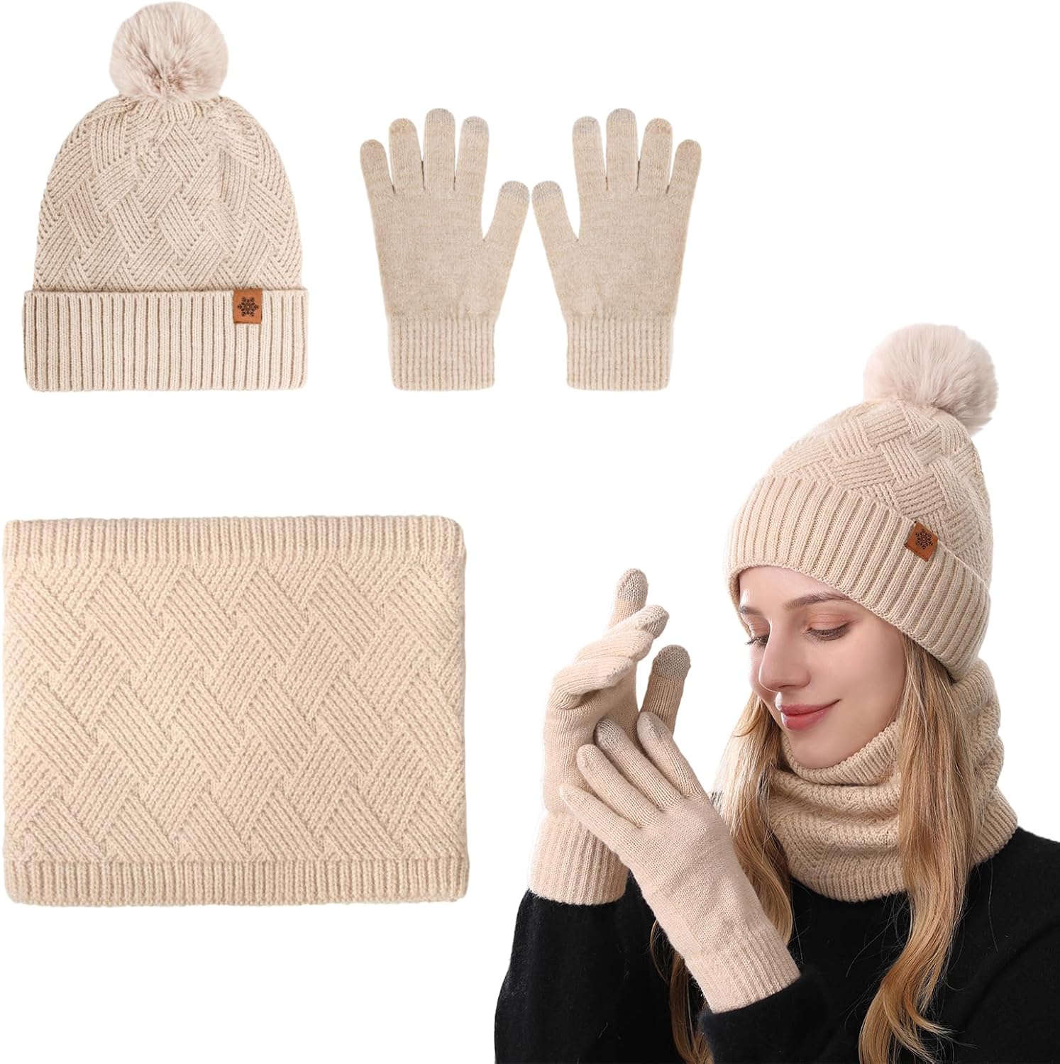 Hat Scarf Gloves Set for Women,Winter Beanie Hat,Warm Scarf Beanie Hat Touch Screen Gloves…