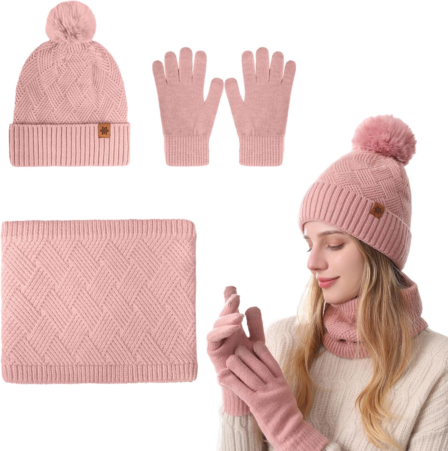 Hat Scarf Gloves Set for Women,Winter Beanie Hat,Warm Scarf Beanie Hat Touch Screen Gloves…