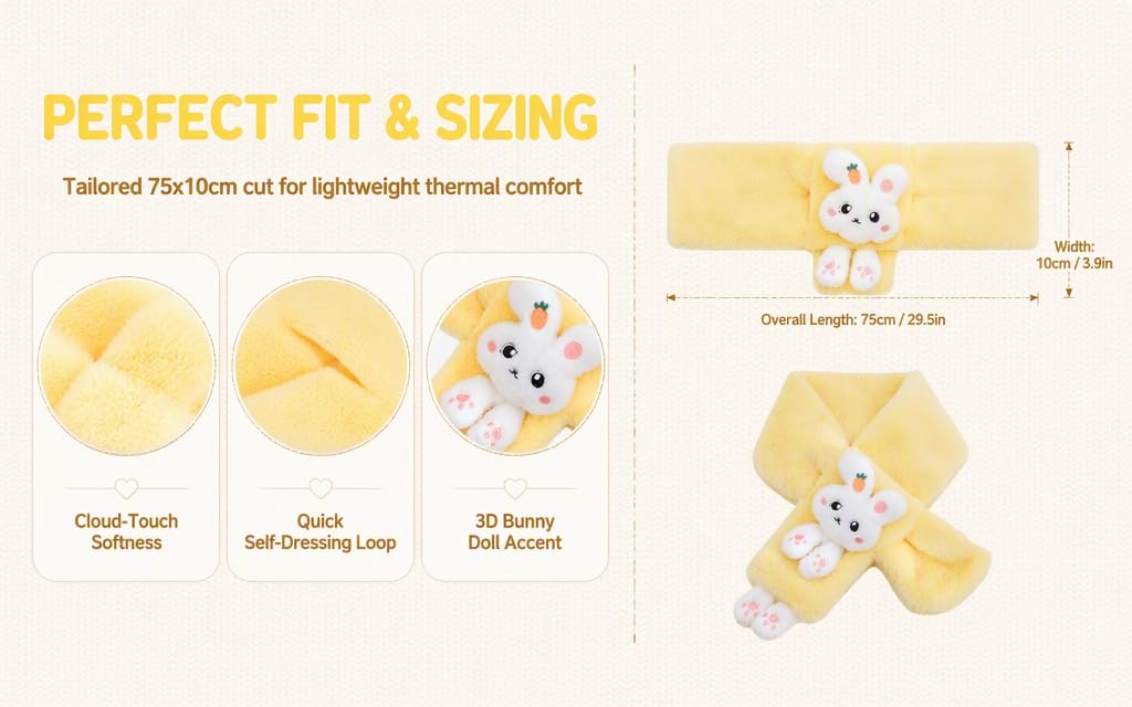 Text reads "PERFECT FIT &amp; SIZING - Tailored fit clinches out for lightweight thermal comfort." Diagram showing three circular sizing options labeled "Ideal Touch Softness," "Quick Self-Warming Lines," and "3D Bunny Knit Accents." Yellow thermal comfort sizing aid displayed with front and back views.