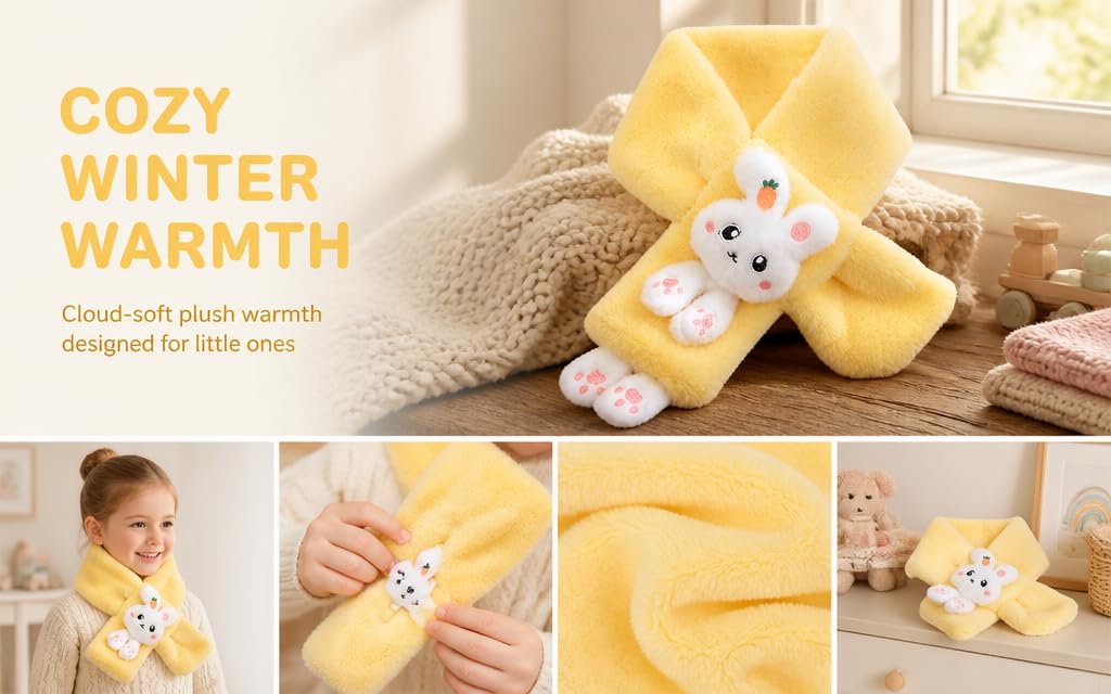 Text reads "COZY WINTER WARMTH" and "Cloud-soft plush warmth designed for little ones." Yellow plush material shown as full outfit on child, close-up of hand wearing yellow glove with bear face, and folded yellow fabric texture samples.
