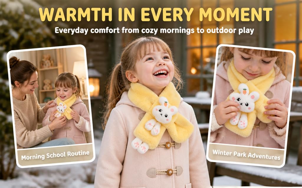 Text reads "WARMTH IN EVERY MOMENT", "Everyday comfort from cosy mornings to outdoor play", "Featuring Infant Insulation", "Perfect Park Adventure". Three panels showing children wearing yellow plush animal costume garments in various settings.