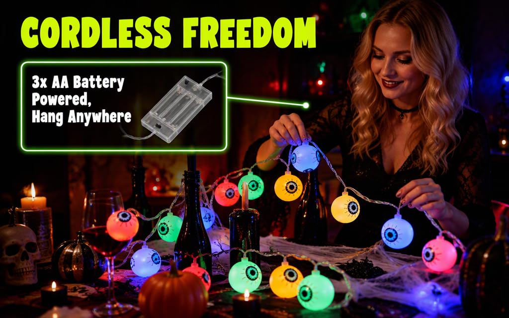 Text reads "CORDLESS FREEDOM" and "3x AA Battery Powered, hang anywhere". Image displays colorful LED light spheres with various colors (pink, blue, green, orange) against dark background with person holding one.