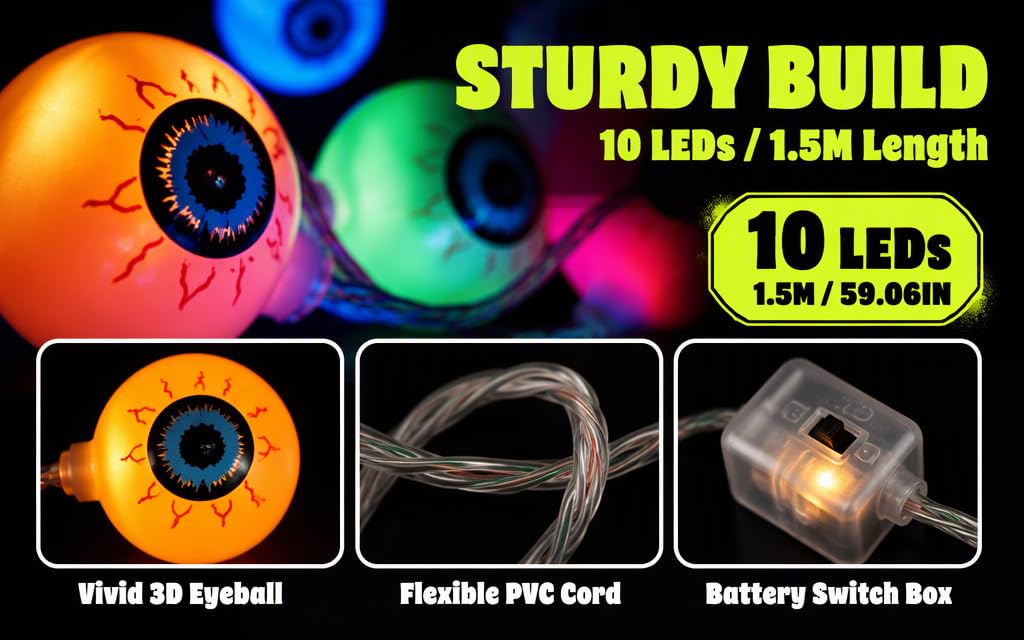 Text reads 'STURDY BUILD', '10 LEDS', '1.5M Length', '10 LEDS', '1.5M / 50 LEDS', 'Vivid 3D Eyeball', 'Flexible PVC Cord', 'Battery Switch Box'. Colorful LED string light set with glowing eyeball designs in orange, green, and pink.