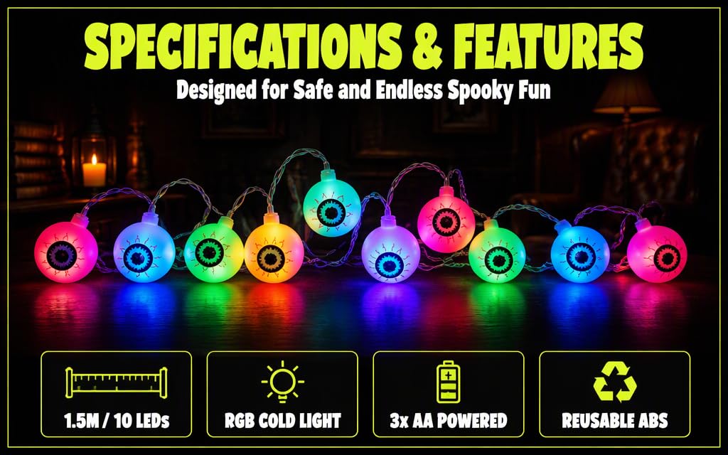 Text reads 'SPECIFICATIONS &amp; FEATURES', 'Designed for Safe and Endless Spooky Fun', '1.5M / 10 LEDs', 'RGB COLD LIGHT', '2x AA POWERED', 'DISPOSABLE ABS'. Multiple colorful LED balls displayed in rainbow sequence.