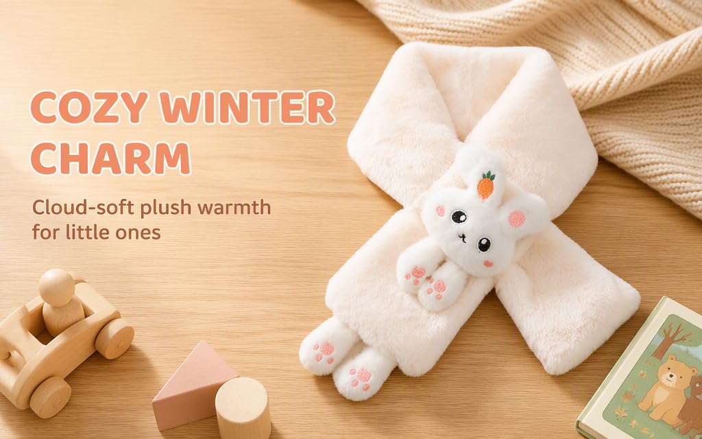 Text reads 'COZY WINTER CHARM Cloud-soft plush warmth for little ones.' White plush rabbit toy with simplified face design on wooden surface with neutral decor.