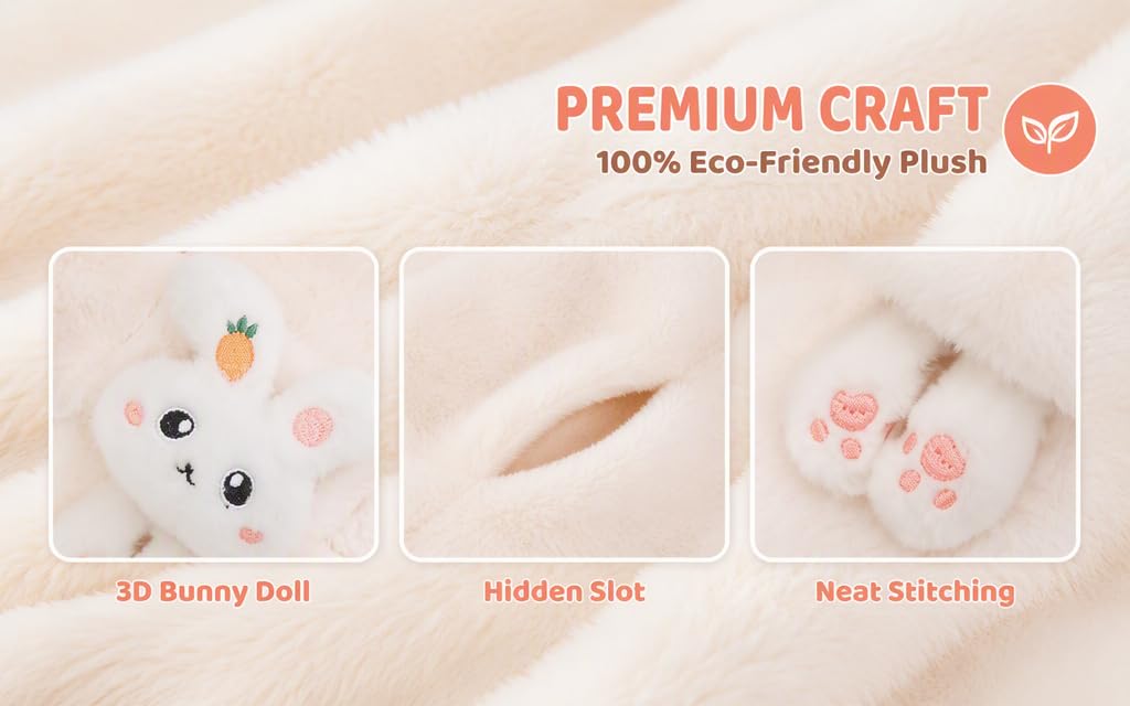 Text reads 'PREMIUM CRAFT 100% Eco-Friendly Plush' with product icons labeled '3D Bunny Doll,' 'Hidden Slot,' and 'Neat Stitching.' Shows eco-friendly plush toy features.