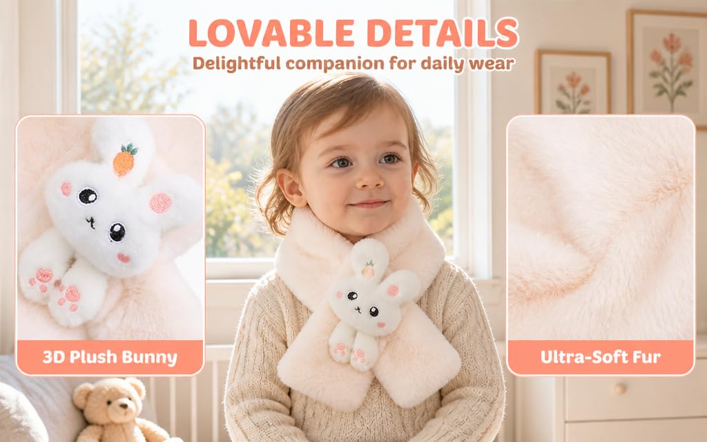 Text reads 'LOVABLE DETAILS Delightful companions for daily wear'. Shows cream-colored plush bunny and soft fur texture with smiling toddler holding stuffed toy.