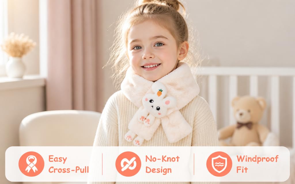 Text reads 'Easy Crop-Pull', 'Max Knot Strength', 'Windproof'. Young child wearing light-colored knit sweater with collar detail against neutral background.