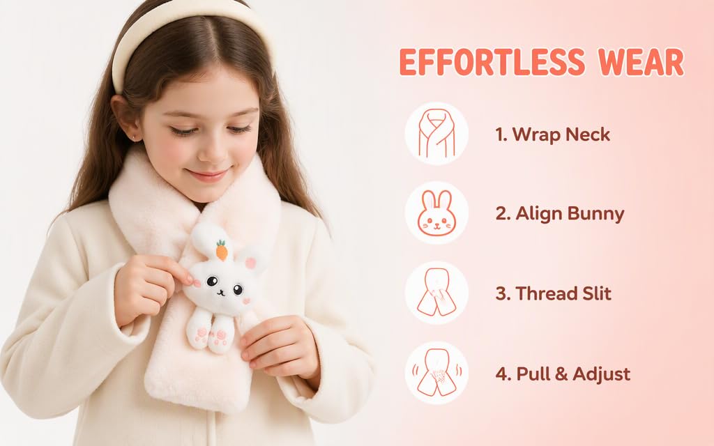 Text reads 'EFFORTLESS WEAR', 'Wrap Neck', 'Align Bunny', 'Thread Slit', 'Pull &amp; Adjust'. Child wearing cream sweater with cat face design demonstrating features.