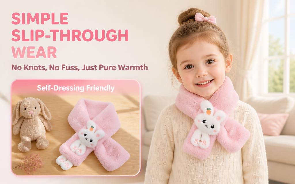 Text reads 'SIMPLE SLIP-THROUGH', 'No Knots, No Fuss, Just Pure Warmth', 'Self-Dressing Friendly'. Pink arm warmers with bunny designs displayed on child model.