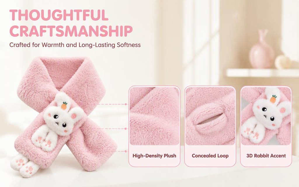 Text reads 'THOUGHTFUL CRAFTSMANSHIP Crafted for Women and Cozy Comfortable'. Pink plush mittens with bunny designs, showing high-density plush, concealed loop, and 3D rabbit features displayed alongside product.