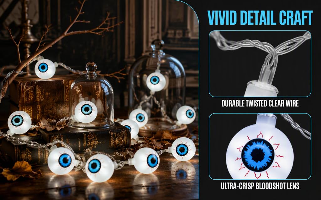 Text reads 'VIVID DETAIL CRAFT' and 'VIVID PRINTED BLUE WIRE' and 'ULTRA-DROP BLENDING LENS'. Left: decorative light string with character designs. Right: close-up product details showing eye features.