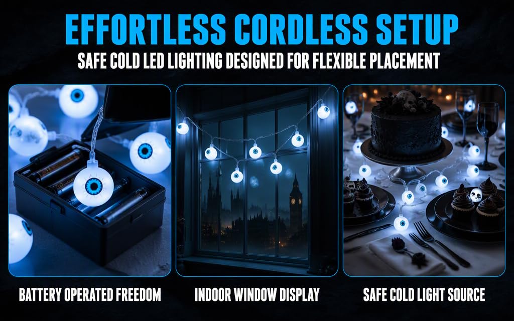 Text reads 'EFFORTLESS CORDLESS SETUP', 'SAFE COLD LED LIGHTING DESIGNED FOR FLEXIBLE PLACEMENT', 'BATTERY OPERATED FREEDOM', 'INDOOR WINDOW DISPLAY', 'SAFE COLD LIGHT SOURCE'. Blue LED string lights with spherical fixtures displayed in three installation scenarios.