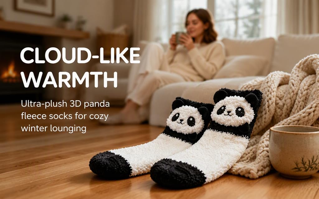 Text reads 'CLOUD-LIKE WARMTH Ultra-plush 3D panda fleece socks for cozy winter lounging'. Black and white panda-designed socks worn on feet, displayed on person in beige loungewear near blankets.