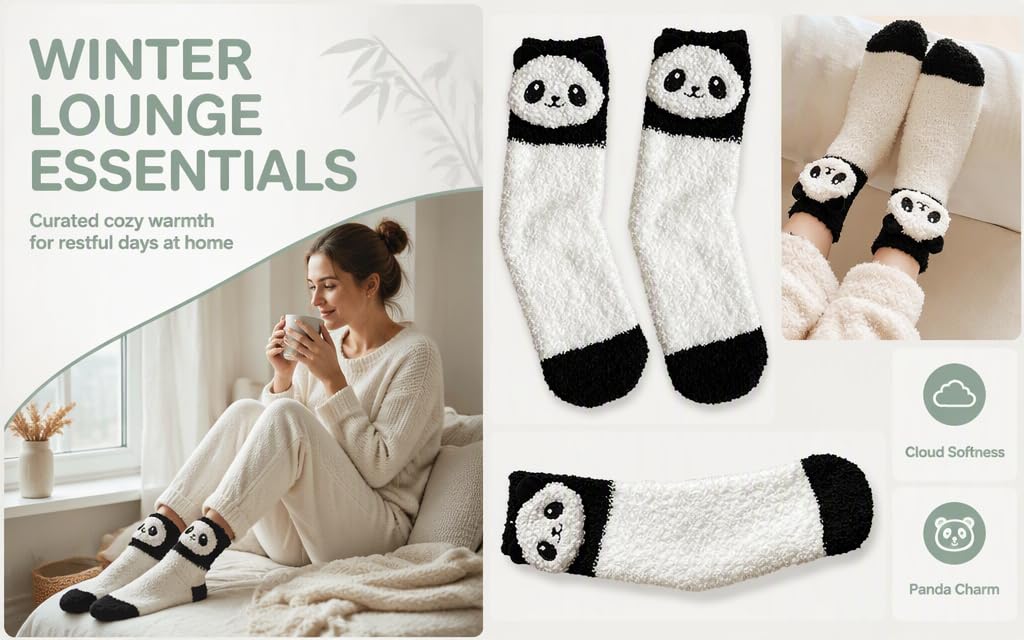 Text reads "WINTER LOUNGE ESSENTIALS" and "Wrap up warm for restful days at home". Composite shows person wearing panda-themed socks and matching accessories, with product details displayed showing white socks with black panda face design.