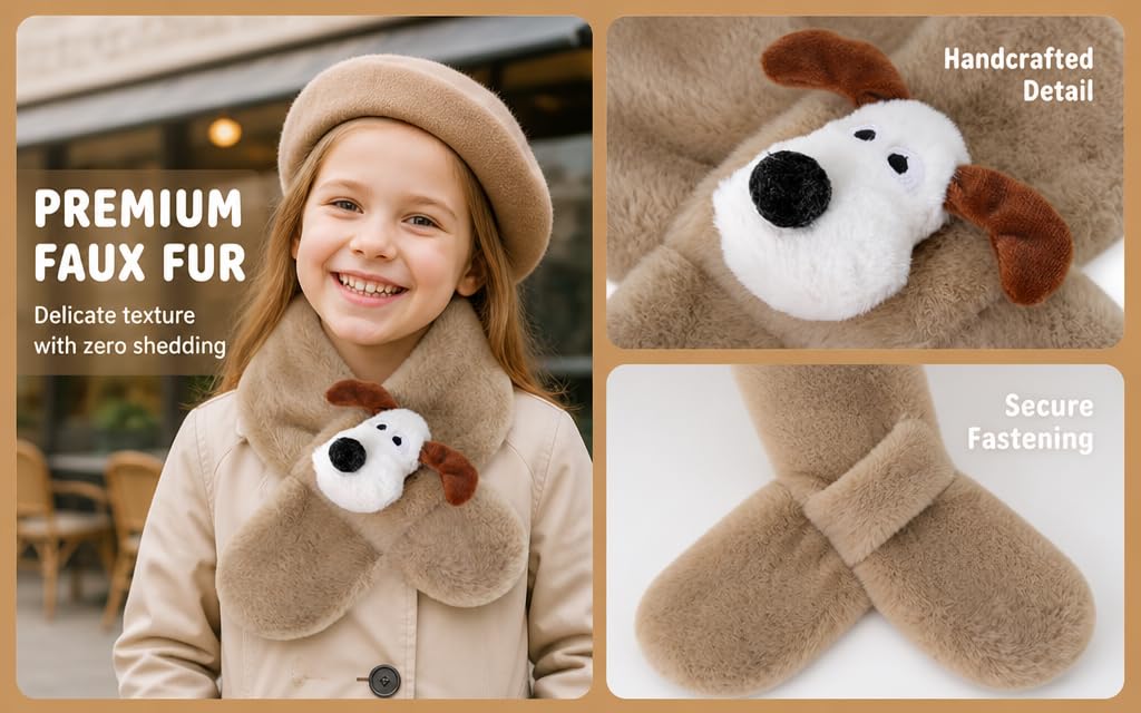 Text reads 'PREMIUM FAUX FUR', 'Delicate texture with paw shadow', 'Handcrafted Detail', 'Secure Fastening'. Child wearing tan faux fur collar with two white pom-pom ball attachments; detail shots show handcrafted construction and secure fastening.