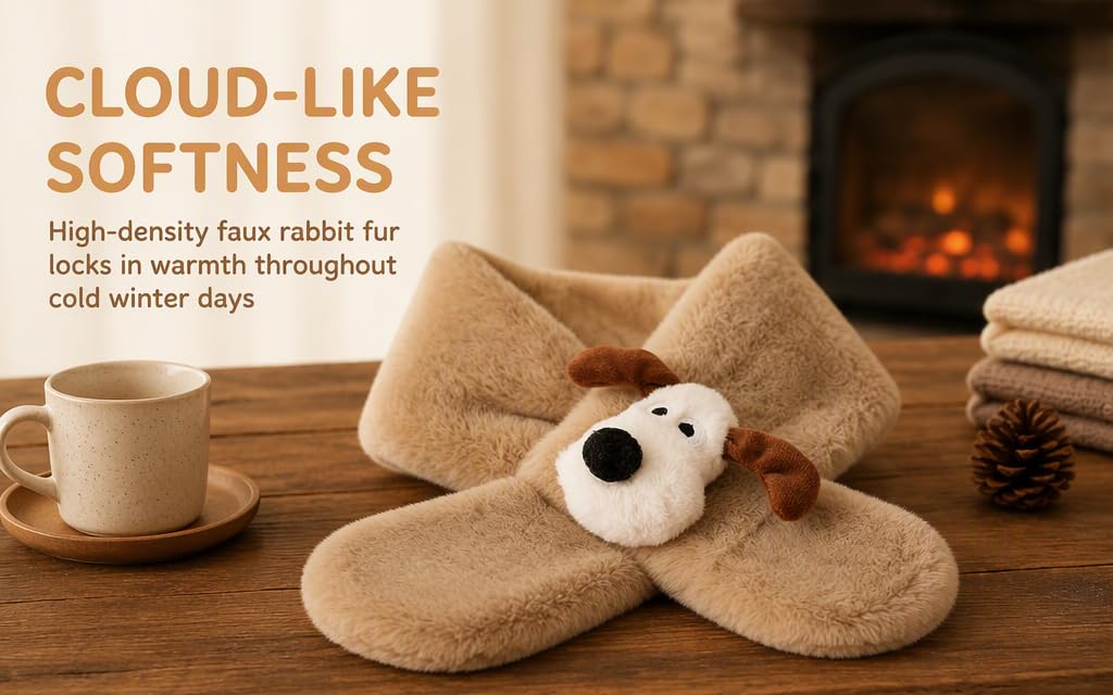 Text reads 'CLOUD-LIKE SOFTNESS' and 'High-density faux rabbit hair locks in warmth throughout cold winter days.' Beige faux rabbit hair slippers displayed with warm beverage and cozy winter décor setup.