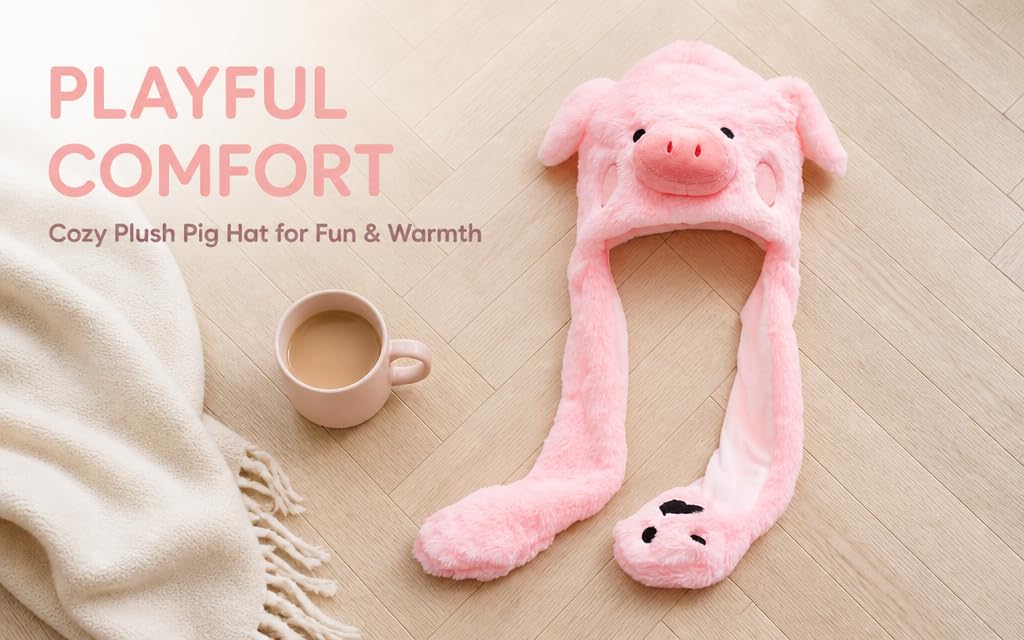 Text reads "PLAYFUL COMFORT Cozy Plush Pig Hat for Fox &amp; Women" with pink plush pig-shaped hat with long ears displayed alongside white coffee cup on beige surface.