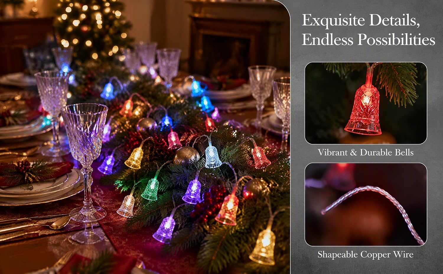 Text reads 'Exquisite Details, Endless Possibilities' and 'Vibrant &amp; Durable Bulb' and 'Shockable Copper Wire'. Colorful LED string lights with warm bokeh background and product detail callouts.
