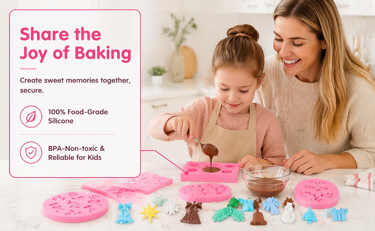 Text reads 'Share the Joy of Baking' with subtext 'Create sweet memories together.' Image shows woman and child baking with pink silicone molds and colorful kitchen tools.