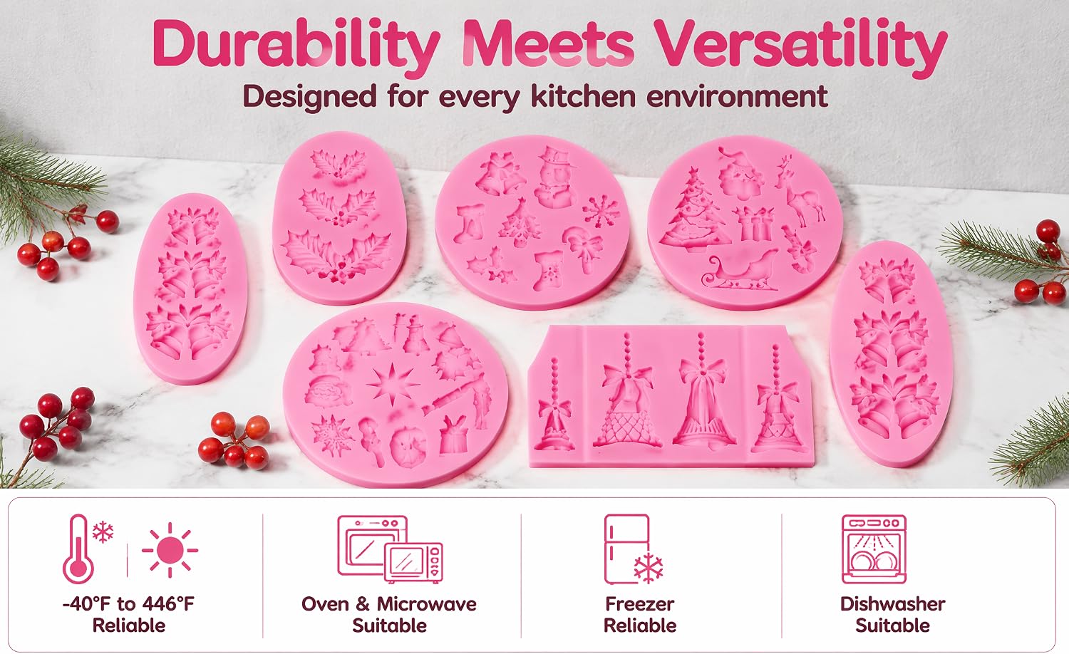 Text reads 'Durability Meets Versatility', 'Designed for every kitchen environment'. Pink silicone baking molds in various cake and decorative shapes arranged on white surface with festive accents.