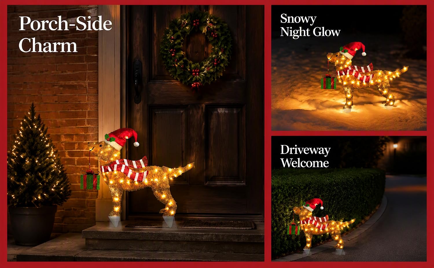 Text reads 'Porch-Side Charm', 'Subtle Soft Glow', 'Driveway Welcome'. Illuminated decorative string lights on outdoor structures at dusk/night.