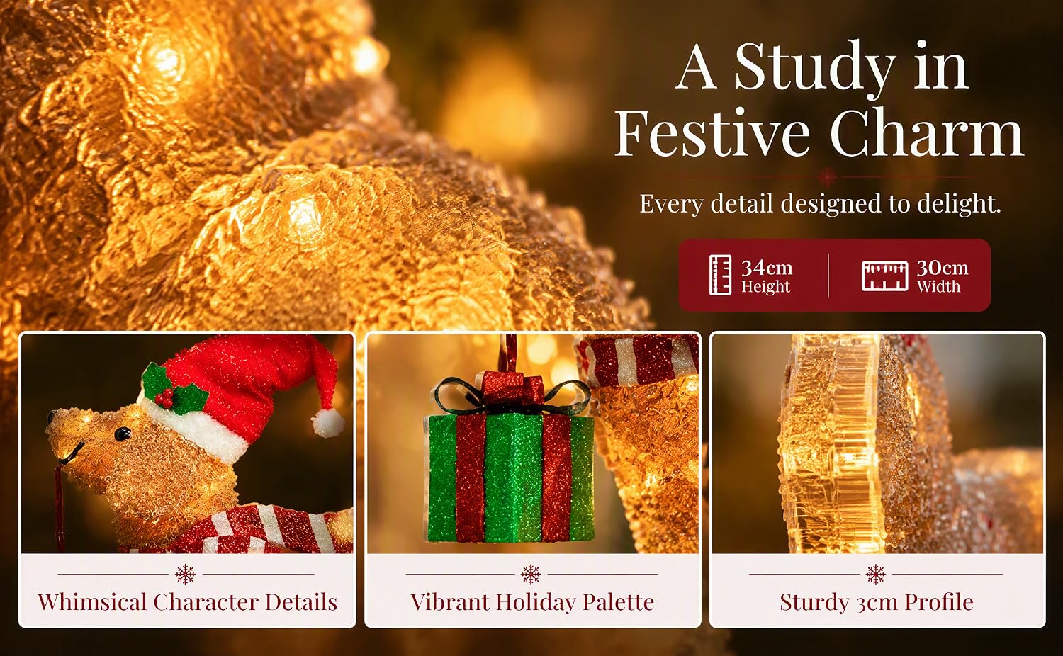 Text reads 'A Study in Festive Charm' and 'Every detail designed to delight' with logos. Three themed panels below show 'Whimsical Character Details', 'Vibrant Holistic Palette', 'Softly-san Fredrik'. Gold bokeh background with holiday decorations and gifts.