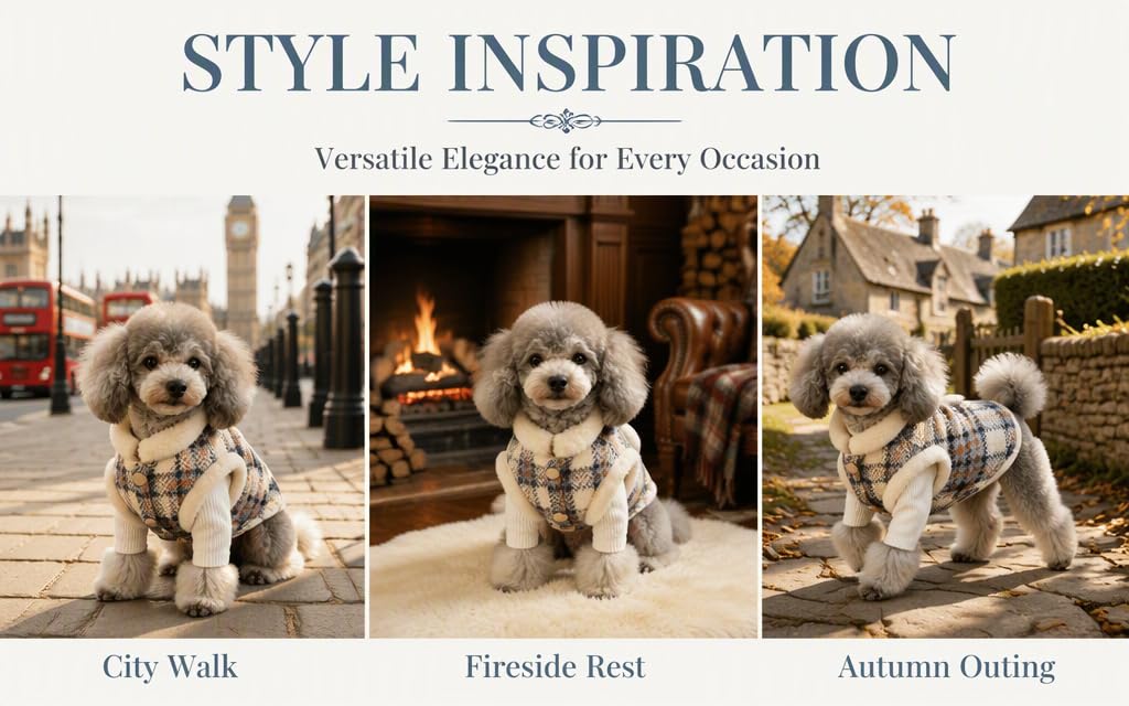 Text reads 'STYLE INSPIRATION', 'Versatile Elegance for Every Occasion', 'City Walk', 'Fireside Rest', 'Autumn Outing'. Teddy bear wearing beige outfit shown in three different lifestyle settings with urban and nature backgrounds.