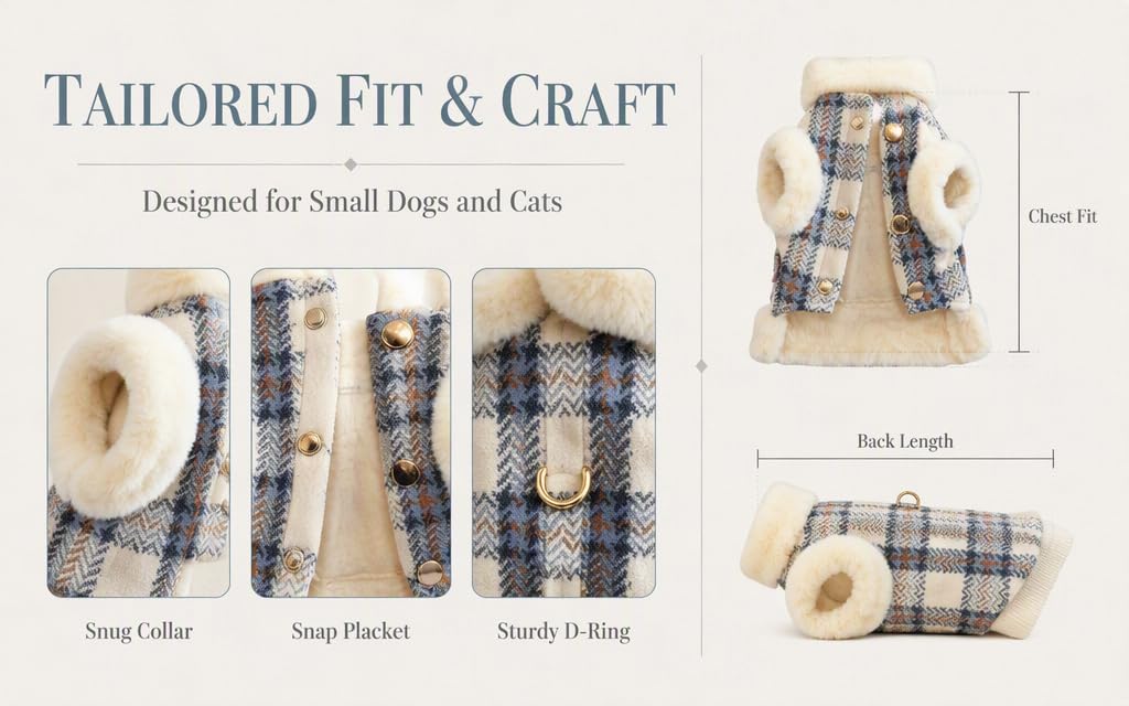 Text reads "TAILORED FIT &amp; CRAFT" and "Designed for Small Spaces". Product showcase displaying plaid fabric accessories including ring collar, snap placket, snap wrning, and matching cushion or pad with natural wooden handles.
