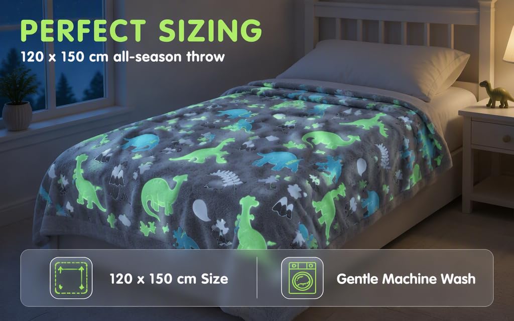 Text reads 'PERFECT SIZING', '120 x 150 cm all-season throw', '120 x 150 cm Size', 'Gentle Machine Wash'. Colorful glow-in-the-dark geometric patterned bedding throw displayed on bed with size specifications.