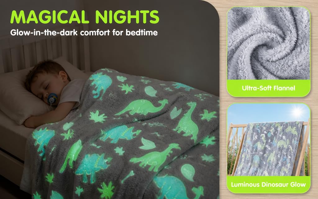 Text reads 'MAGICAL NIGHTS Glow-in-the-dark comfort for bedtime' with 'Ultra-Soft Flannel' and 'Glow-in-Dark Bedding' labels. Child's glow-in-dark bedding with star patterns in green phosphorescent print.