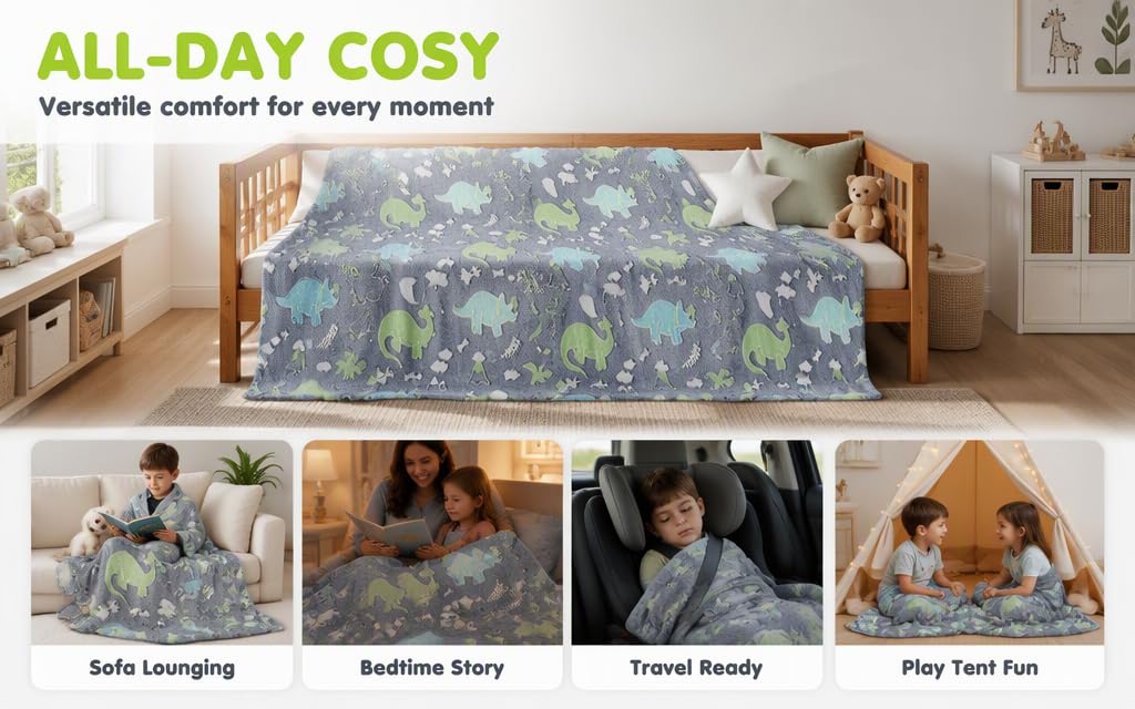 Text reads "ALL-DAY COSY" and "Versatile comfort for every moment". Bedroom blanket displayed on bed with lifestyle photos showing sofa lounging, bedtime story, travel use, and playtime activities.