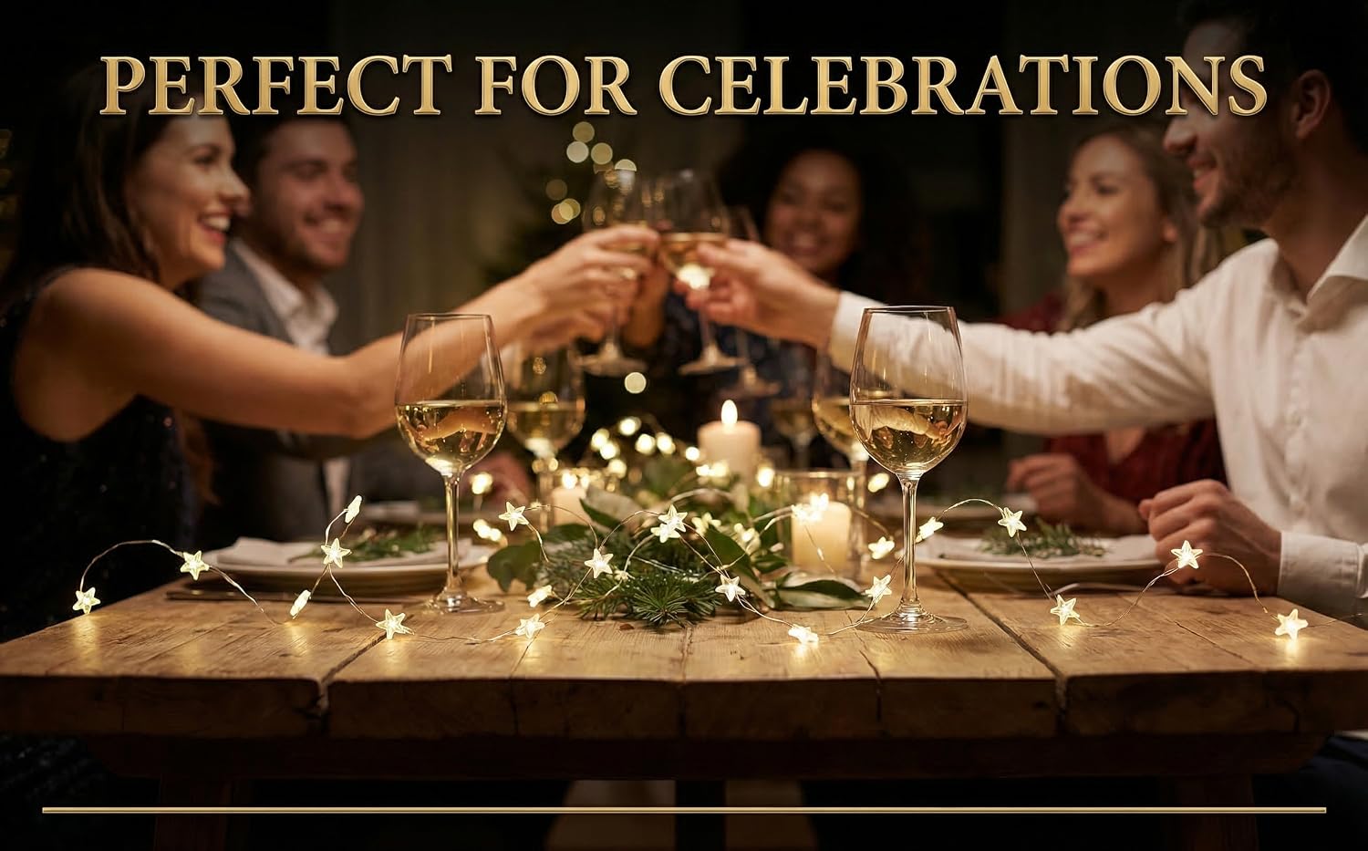Text reads 'PERFECT FOR CELEBRATIONS'. People toasting with wine glasses over a decorated dining table with candles and fairy lights.