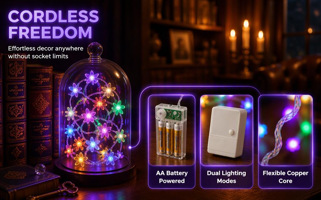 Text reads 'CORDLESS FREEDOM', 'Effortless décor ambience without cords', 'AA Battery Powered', 'Dual Lighting Modes', 'Flexible Copper Core'. Decorative LED string lights in purple and multicolor displayed in glass jar and coiled form with atmospheric indoor lighting background.