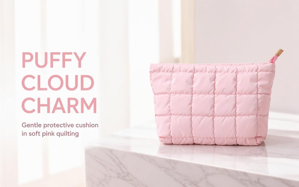 Text reads 'PUFFY CLOUD CHARM' and 'Gentle protective cushion in soft pink quilting'. Pink quilted decorative pillow or cushion with raised cushion pattern displayed on white bedding.