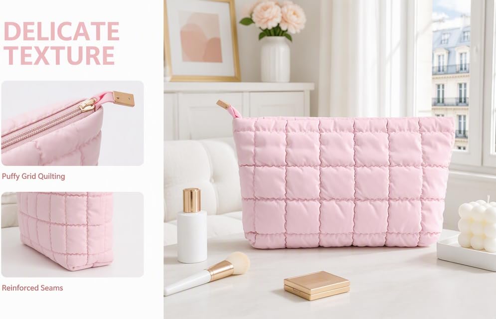 Text reads 'DELICATE TEXTURE' (delicate texture). Pink quilted cosmetic bag with soft, puffy surface texture displayed with matching accessories, toiletries, and pink desk organizer items on white background.