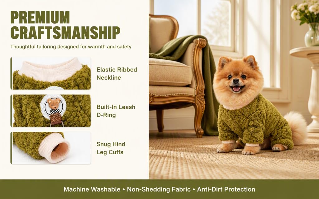 Text reads 'PREMIUM CRAFTSMANSHIP', 'Elastic Ribbed Cuffs', 'Built-in Length Adjusters', 'Snug Plush Leg Cuffs', 'Machine Washable • Non-Shedding Fabric • Anti-Odor Protection'. Green pet clothing with elastic ribbed cuffs displayed on brown dog indoors.