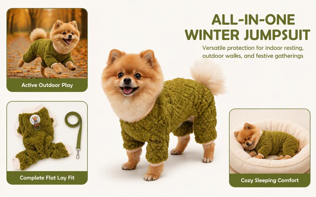 Text reads 'ALL-IN-ONE WINTER JUMPSUIT', 'Provide protection for indoor nesting', 'Material: Premium Wool'. Dog wearing olive green wool jumpsuit with labels: 'Warm Outdoor Suit', 'Complete Four Leg Fit', 'Cozy Sleeping Comfort'.