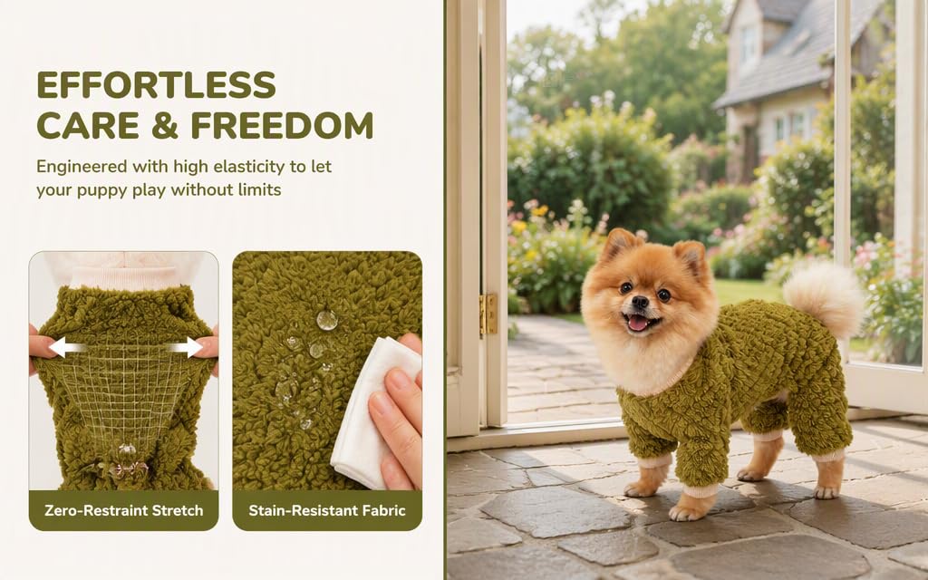 Text reads "EFFORTLESS CARE &amp; FREEDOM", "Engineered with high elasticity to lift your puppy paws without tears", "Zero-Resistant Stretch", "Stain-Resistant Fabric". Shows olive-green pet sweater on small tan dog, displaying stretchy and stain-resistant material features.