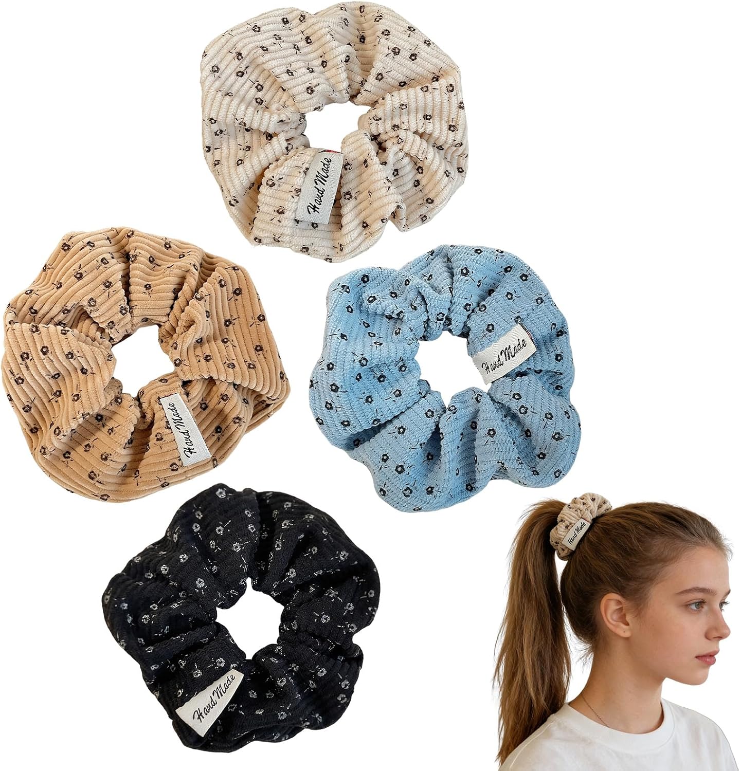 4Pcs Soft Small Floral Fabric Hair Scrunchies Set,Retro Floral Corduroy Hair Scrunchie,Ela…