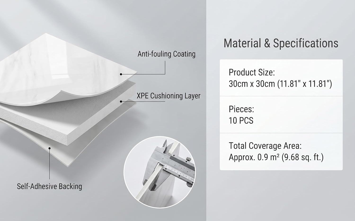 Text reads 'Material &amp; Specifications', 'Size:', '50cm x 50cm (1 FT x 1 FT)', 'Qty:', '16 PCS', 'Weight:', 'Approx. 0.3 or 10.6 kg, ft 1'. White acoustic foam ceiling tiles with technical specifications and installation details shown.