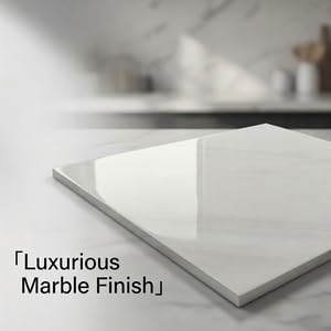 Text reads 'Luxurious Marble Finish'. Close-up detail shot of white marble textured surface showing smooth, polished finish with reflective quality.