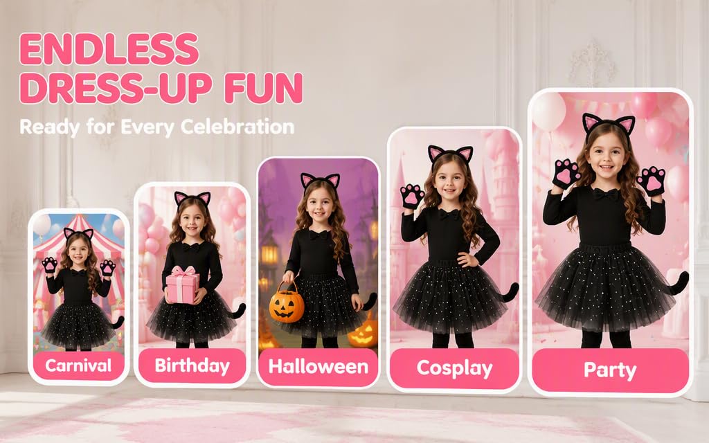 Text reads 'ENDLESS DRESS-UP FUN', 'Build a Capsule'. Five product photos showing children wearing black dress costumes in different styles: school, witch, cosplay, company, and party variations.