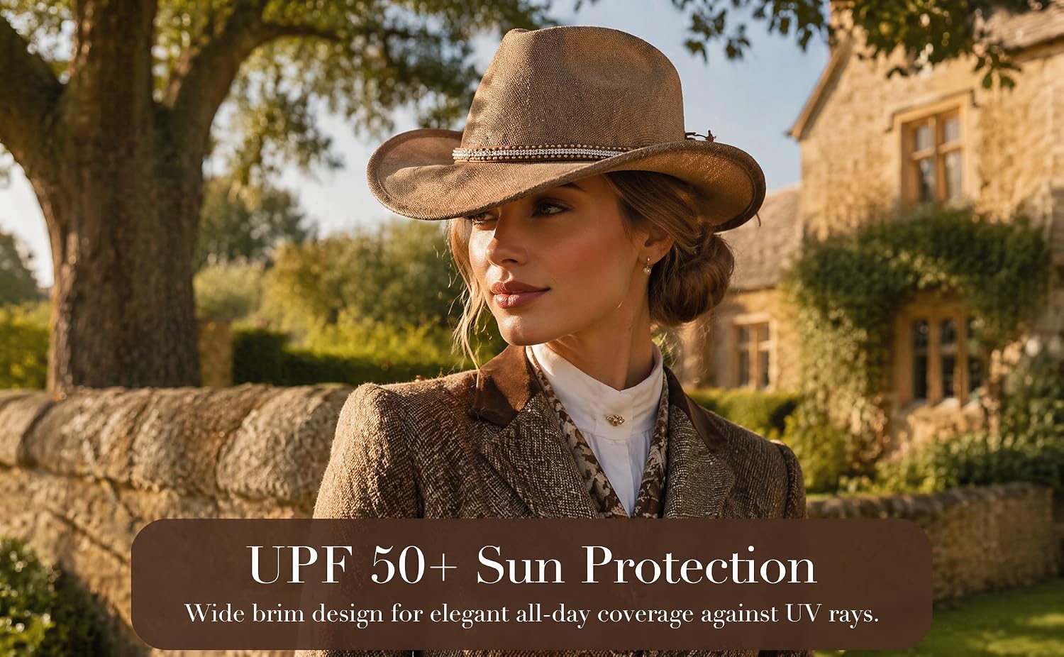 Text reads 'UPF 50 I Sun Protection' and 'While linen designs for elegant all-day coverage against UV rays.' Woman wearing brown wide-brimmed hat and white linen clothing, standing outdoors against stone building with tree.