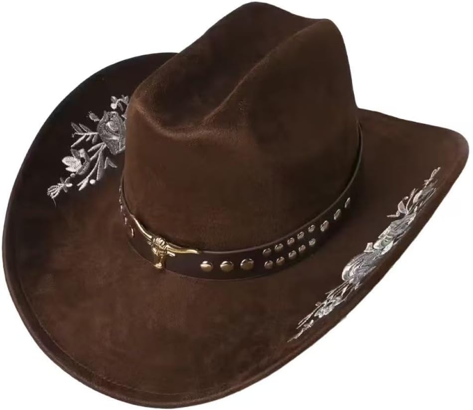 Embroidered Suede Western Cowboy Hat Panama Hats Cowboy & Cowgirl Hats Felt Wide Brim Cowb…