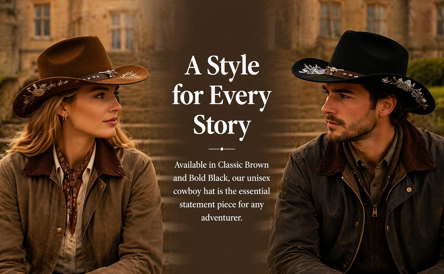 Text reads "A Style for Every Story" with subtitle "Available in Classic Brown and Aged Black, this iconic Stetson cowboy hat is the must-have accessory piece for any adventure." Two people wearing cowboy hats and western clothing against rustic wooden background.